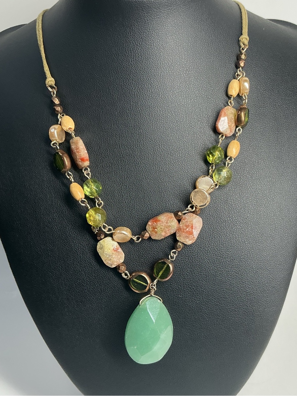 Boho Multi-Bead Women's Necklace with Green Jade Teardrop and natural stones